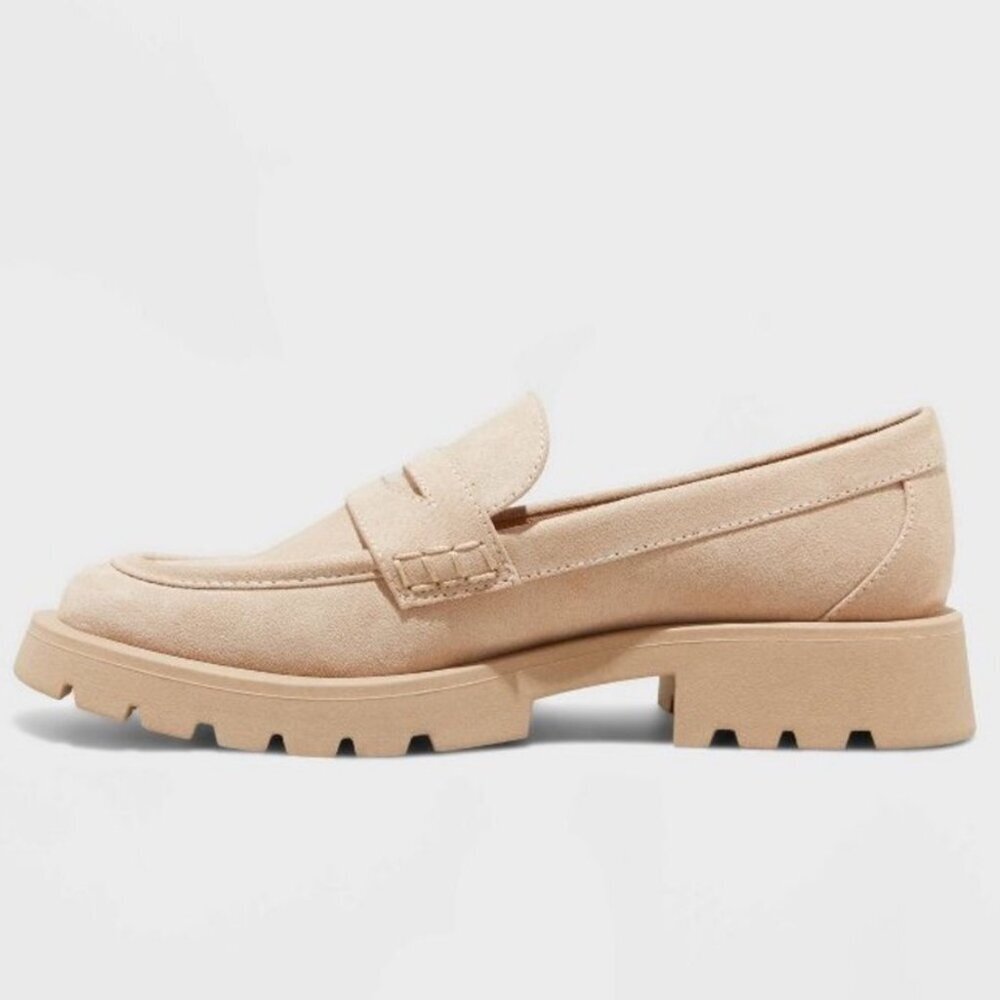 a new day NWOT SZ8 Tan Vegan Suede Penny Loafer Preppy Academia Modern Essential - Picture 2 of 10